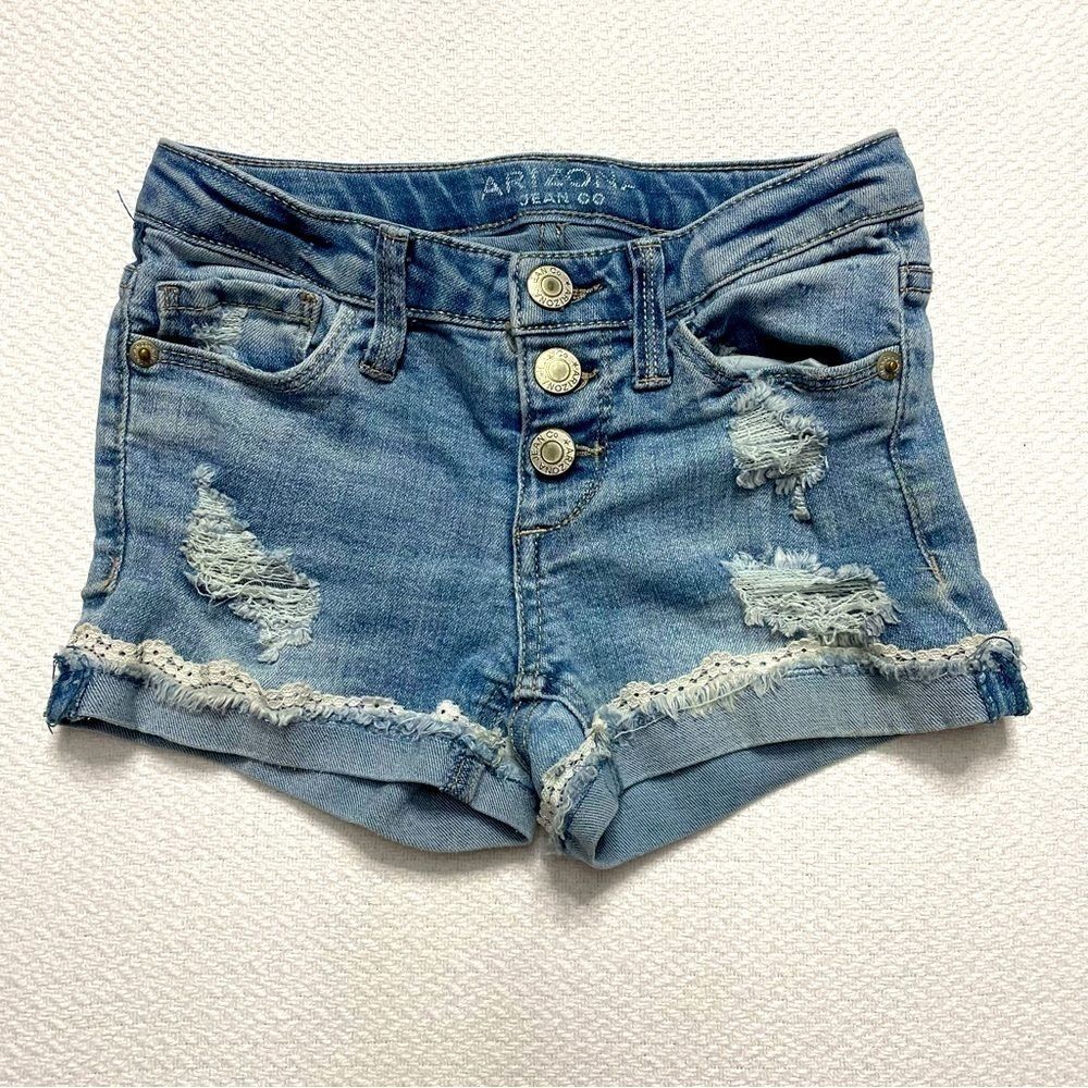 Arizona Jean Co. Girl's Shortie Shorts Distressed Lace Adjustable Size 6 Regular